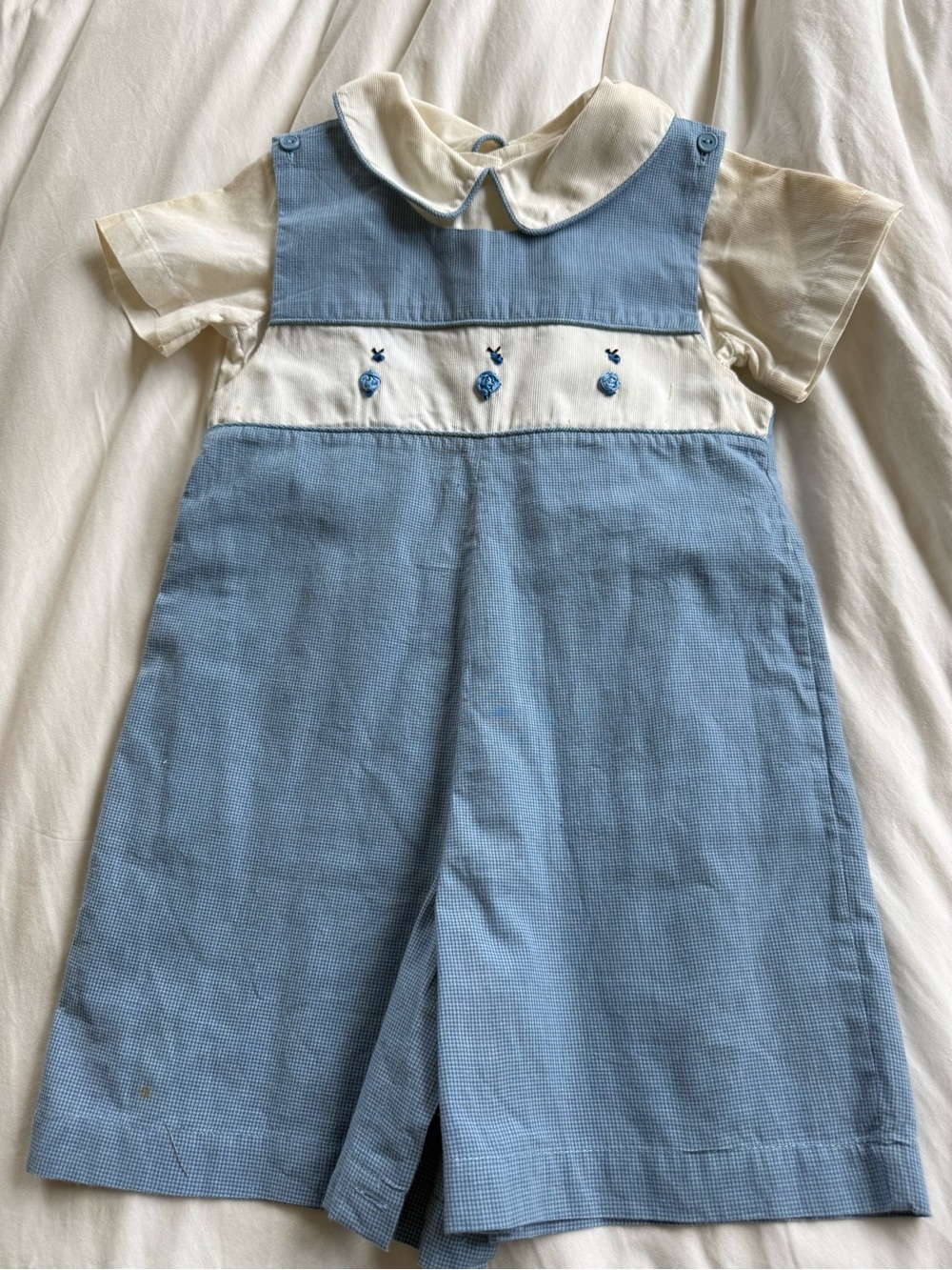 Vintage Children's Blue and Cream Embroidered Romper